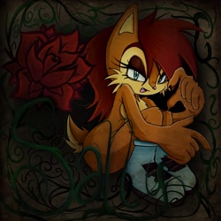 Size: 2048x2048 | Tagged: safe, artist:blnkn01z, artist:pensforpenc1ls, sally acorn, chipmunk, 2026, darker, female, flower, looking at viewer, naked, open smile, rose, sitting, smile, smiling at viewer, solo, vine