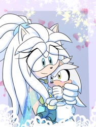 Size: 1266x1677 | Tagged: safe, artist:segasonicmiku, silver the hedgehog, oc, oc:angel the hedgehog (segasonicmiku), hedgehog, 2025, abstract background, aged down, baby, carrying them, duo, falling leaf, female, leaf, looking at each other, male, mother and child, mother and son, smile, smiling at them, sparkles