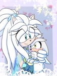 Size: 1266x1677 | Tagged: safe, artist:segasonicmiku, silver the hedgehog, oc, oc:angel the hedgehog (segasonicmiku), hedgehog, 2025, abstract background, aged down, baby, carrying them, duo, falling leaf, female, leaf, looking at each other, male, mother and child, mother and son, smile, smiling at them, sparkles