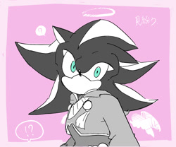Size: 1200x1000 | Tagged: safe, artist:aoshibazakura95, comic:tenebrae, alternate outfit, alternate universe, border, halo, japanese text, looking at viewer, monochrome, pink background, simple background, solo, speech bubble, wings