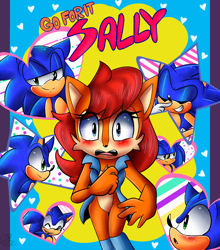 Size: 2200x2500 | Tagged: safe, artist:yoshiyoshi700, sally acorn, sonic the hedgehog, chipmunk, hedgehog, 2021, blushing, duo, english text, eyes closed, female, go for it nakamura, heart, looking at viewer, looking offscreen, male, meme, sally x sonic, sally's vest and boots, shipping, star (symbol), straight