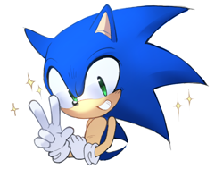 Size: 718x543 | Tagged: safe, artist:strangertongari, sonic the hedgehog, 2026, looking at viewer, simple background, smile, solo, sparkles, v sign, white background