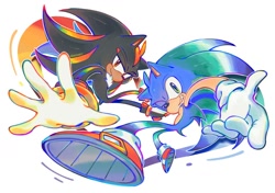 Size: 1200x847 | Tagged: safe, artist:corroxion, shadow the hedgehog, sonic the hedgehog, 2026, duo, gay, gay pride, looking at viewer, mlm pride, pride, pride month, shadow x sonic, shipping, simple background, smile, white background, wink