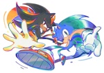 Size: 1200x847 | Tagged: safe, artist:corroxion, shadow the hedgehog, sonic the hedgehog, 2026, duo, gay, gay pride, looking at viewer, mlm pride, pride, pride month, shadow x sonic, shipping, simple background, smile, white background, wink