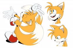 Size: 2048x1353 | Tagged: safe, artist:thatbirdguy_, miles "tails" prower, 2026, angry, flat colors, frown, posing, smile, solo, standing, upside down, v sign, wink