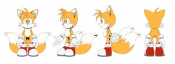 Size: 2048x751 | Tagged: safe, artist:thatbirdguy_, miles "tails" prower, 2026, flat colors, looking at viewer, looking offscreen, multiple views, reference sheet, smile, solo, standing