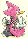 Size: 1405x1966 | Tagged: safe, artist:rikoandtako, espio the chameleon, 2026, chameleon, from behind, leaf, looking back, looking back at viewer, male, signature, simple background, solo, standing, traditional media