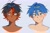 Size: 1862x1226 | Tagged: safe, artist:dollychoux, shadow the hedgehog, sonic the hedgehog, human, 2026, alternate hairstyle, blushing, bust, duo, eyebrow clipping through hair, frown, grey background, headshot, humanized, looking at viewer, looking away, looking offscreen, male, simple background, smile, smiling at viewer