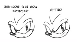 Size: 1117x613 | Tagged: safe, artist:wildwildtjs, shadow the hedgehog, 2026, english text, frown, grey background, head only, headcanon, looking at viewer, monochrome, simple background, solo, text