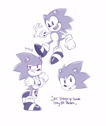 Size: 1721x2048 | Tagged: safe, artist:maira_noe_, sonic the hedgehog, 2026, 35 days sonic, arms folded, classic sonic, english text, frown, looking at viewer, looking offscreen, mid-air, monochrome, mouth open, simple background, smile, solo, text, treads, white background