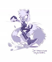 Size: 1721x2048 | Tagged: safe, artist:maira_noe_, tangle the lemur, 2026, 35 days sonic, clenched fists, dust clouds, english text, looking offscreen, punching, simple background, skidding, smile, solo, standing, text, treads, white background