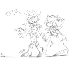 Size: 1200x1000 | Tagged: safe, artist:aoshibazakura95, mephiles the dark, silver the hedgehog, comic:tenebrae, sonic and the black knight, 2024, alternate outfit, alternate universe, armor, duo, eyes closed, gay, greyscale, holding hands, japanese text, looking at them, mephiles x silver, monochrome, shipping, simple background, sir galahad, sketch, smile, standing, walking, white background