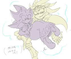 Size: 1200x1000 | Tagged: safe, artist:aoshibazakura95, mephiles the dark, silver the hedgehog, comic:tenebrae, sonic and the black knight, 2024, alternate outfit, alternate universe, armor, dress, duo, eyes closed, gay, japanese text, mephiles x silver, monochrome, psychokinesis, shipping, simple background, sir galahad, smile, white background