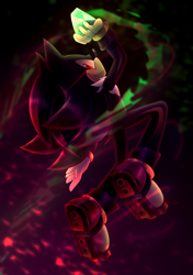 Size: 4645x6598 | Tagged: safe, artist:violetstardoesart, shadow the hedgehog, hedgehog, 2022, chaos control, chaos emerald, dark background, holding something, looking at viewer, looking back, male, mid-air, solo