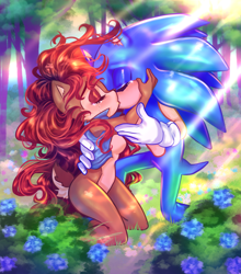 Size: 3809x4325 | Tagged: safe, artist:gummierat, sally acorn, sonic the hedgehog, chipmunk, hedgehog, 2022, bush, duo, eyes closed, female, flower, forest, kiss, male, nature, plant, redraw, sally x sonic, shipping, straight, sunlight, tears, tears of happiness, tree