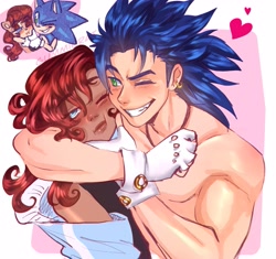 Size: 3199x3003 | Tagged: safe, artist:gummierat, sally acorn, sonic the hedgehog, chipmunk, hedgehog, human, 2025, bare chest, clothes, duo, female, gloves, grin, heart, humanized, jacket, long hair, looking at them, male, ring, sally x sonic, shipping, simple background, smile, smiling at them, straight, wink