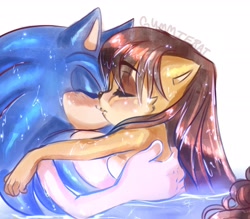 Size: 2048x1796 | Tagged: suggestive, artist:gummierat, sally acorn, sonic the hedgehog, chipmunk, hedgehog, blushing, duo, eyes closed, female, hands on another's back, hugging, kiss, long hair, male, naked, partially submerged, sally x sonic, shipping, simple background, straight, water, wet, white background