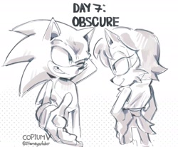 Size: 2048x1696 | Tagged: safe, artist:ifoundyoufaker, sally acorn, sonic the hedgehog, chipmunk, hedgehog, 2026, 35 days sonic, black and white, duo, english text, female, hands on hips, looking at each other, male, one eye closed, polka-dots background, sally x sonic, sally's vest and boots, shipping, simple background, standing, straight, white background