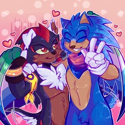 Size: 1500x1500 | Tagged: safe, artist:dryer_rabbit, shadow the hedgehog, sonic the hedgehog, 2026, armband, bandana, bisexual, bisexual pride, cute, duo, gay, heart, intersex, intersex male, intersex pride, mlm pride, pride, pride flag, pride month, shadow x sonic, shadowbetes, shipping, sonabetes, standing, v sign, wagging tail