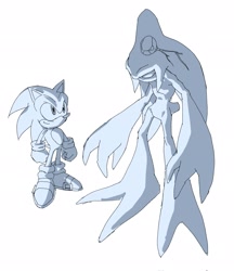 Size: 1769x2048 | Tagged: safe, artist:tokiwa757, chaos, sonic the hedgehog, 2026, duo, grey background, monochrome, simple background, smile, standing