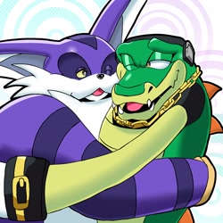 Size: 2048x2048 | Tagged: safe, artist:bigctor77, big the cat, vector the crocodile, 2026, bigtor, crack shipping, duo, gay, hugging, looking at each other, one eye closed, redraw, shipping, smile