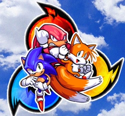 Size: 674x623 | Tagged: safe, artist:flanearts7, knuckles the echidna, miles "tails" prower, sonic the hedgehog, sonic heroes, 2026, classic knuckles, classic sonic, classic tails, clenched fists, clenched teeth, clouds, fly type icon, frown, looking at viewer, mid-air, outline, power type icon, sharp teeth, sky background, smile, speed type icon, trio