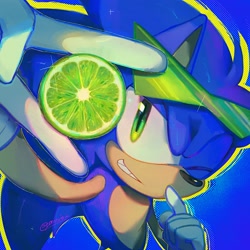 Size: 2000x2000 | Tagged: safe, artist:corroxion, sonic the hedgehog, hedgehog, 2025, blue background, food, from above, fruit, glasses, holding something, lime, looking at viewer, looking up, looking up at viewer, male, simple background, smile, solo, sunglasses, wink