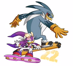 Size: 2048x1843 | Tagged: safe, artist:calisdraws, storm the albatross, wave the swallow, bird, 2026, 35 days sonic, duo, extreme gear, looking at viewer, mid-air, simple background, smile, sonic riders, white background