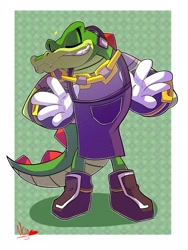 Size: 1536x2048 | Tagged: safe, artist:neoncelestia20, vector the crocodile, crocodile, sonic rumble, 2026, apron, eyes closed, male, pose, smile, solo, standing