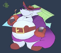 Size: 2048x1768 | Tagged: safe, artist:swatch_txt, nack the weasel, 2026, drink, flat colors, frown, holding something, juice, one fang, overweight, solo, standing, straw