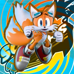 Size: 2048x2048 | Tagged: safe, artist:danthedj12, miles "tails" prower, 2026, 3d, abstract background, clenched fists, fangs, looking at viewer, mouth open, smile, solo, sonic riders