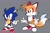 Size: 1528x998 | Tagged: safe, artist:yundems, miles "tails" prower, sonic the hedgehog, fox, hedgehog, 2026, age swap, classic sonic, classic sonic (universe), classic tails, duo, flat colors, fur markings, grey background, looking at viewer, male, mouth open, pointing, redraw, role swap, simple background, smile, standing