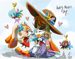 Size: 2048x1614 | Tagged: safe, artist:reezypuffz, cheese (chao), chocola (chao), cream the rabbit, vanilla the rabbit, chao, 2026, cheeseabetes, chocolabetes, creamabetes, cute, eyes closed, flower, group, hat, heart, kneeling, mother and child, mother and daughter, mother's day, ribbon, smile, standing, sun hat, vanillabetes