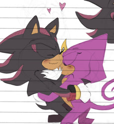 Size: 1033x1126 | Tagged: safe, artist:pastafrolas, espio the chameleon, shadow the hedgehog, blushing, cute, duo, espibetes, eyes closed, gay, heart, hugging, shadowbetes, shadpio, shipping, smile