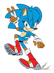 Size: 1280x1707 | Tagged: artist needed, safe, sally acorn, sonic the hedgehog, chipmunk, hedgehog, hybrid, 2019, ambiguous gender, boots, fingerless gloves, fur markings, fusion, fusion:sally, fusion:sonic, gloves, heart chest, signature, simple background, skidding, solo, v sign, white background