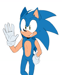 Size: 1085x1311 | Tagged: safe, artist:dramaticalcorgi, sonic the hedgehog, 2019, flat colors, hand on hip, simple background, smile, solo, standing, waving, white background