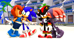 Size: 1920x1080 | Tagged: safe, artist:pixelrush, sally acorn, shade the echidna, shadow the hedgehog, sonic the hedgehog, chipmunk, echidna, hedgehog, 2026, beach, building, daytime, double date, emerald coast, fat, fat sally acorn, female, hotel, hugging, kiss, kiss on cheek, male, palm tree, quartet, sally x sonic, sally's ringblader outfit, shadow x shade, shipping, standing, station square hotel, straight, tree