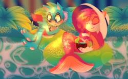 Size: 694x427 | Tagged: safe, artist:peachdoesart, sally acorn, sonic the hedgehog, chipmunk, hedgehog, hybrid, 2021, coconut, drink, duo, eyes closed, female, flower, hat, holding something, lei (hawaiian flower necklace), male, mermaid, nature, plant, relaxing, sally x sonic, shipping, sitting, straight, straw, swimming tube, tree, water