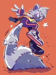 Size: 1623x2173 | Tagged: safe, artist:jovialnightz, tangle the lemur, lemur, 2026, female, looking at viewer, looking back, orange background, pose, shoes, simple background, smile, smiling at viewer, solo, star (symbol)