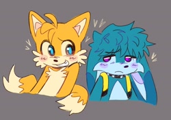 Size: 1914x1342 | Tagged: safe, artist:weeklykitails, kit the fennec, miles "tails" prower, 2026, blushing, bust, duo, frown, gay, grey background, heart, kit x tails, shipping, simple background, smile