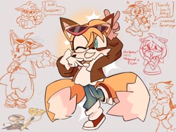 Size: 2048x1536 | Tagged: safe, artist:marswu_, amy rose, miles "tails" prower, 2026, clothes, duo, eyelashes, eyewear on head, jacket, jeans, pants, posing, smile, solo focus, sunglasses, tailabetes