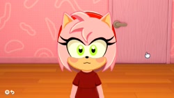 Size: 2048x1152 | Tagged: safe, artist:calliemacn, amy rose, 2026, amybetes, blushing, cute, looking at viewer, screencap, smile, solo, standing, tomodachi life:living the dream