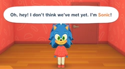 Size: 1320x733 | Tagged: safe, artist:nugget_pudding, sonic the hedgehog, 2026, blushing, dialogue, english text, looking at viewer, screencap, smile, solo, speech bubble, tomodachi life:living the dream