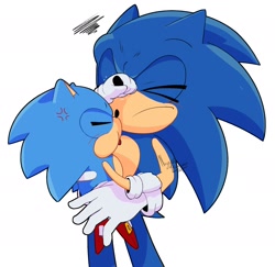 Size: 1828x1776 | Tagged: safe, artist:nugget_pudding, sonic the hedgehog, 2026, carrying them, classic sonic, cross popping vein, duo, eyes closed, frown, grabbing, holding them, nose grab, self paradox, signature, simple background, sonic generations, squiggle, standing, tongue out, white background