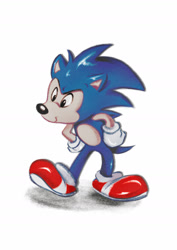 Size: 1280x1805 | Tagged: safe, artist:flaerty, sonic the hedgehog, 2019, disney, hands on hips, looking offscreen, simple background, smile, solo, standing, style emulation, tapping foot, white background