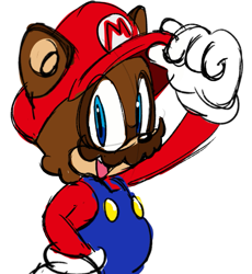 Size: 499x543 | Tagged: safe, artist:snoopshlawg, 2026, barely sonic related, crossover, hand on hip, looking at viewer, mario, mobianified, mouth open, open smile, simple background, sketch, smile, solo, tanuki, white background