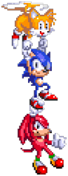Size: 230x595 | Tagged: safe, artist:miniluv73, knuckles the echidna, miles "tails" prower, sonic the hedgehog, sonic heroes, 2023, carrying them, classic knuckles, classic sonic, classic sonic (universe), classic tails, flying, looking at viewer, mid-air, pixel art, smile, spinning tails, sprite, team sonic, trio