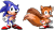Size: 365x215 | Tagged: safe, artist:i-like-sonic-91, miles "tails" prower, sonic the hedgehog, fox, hedgehog, 2024, classic sonic, classic sonic (universe), classic tails, duo, frown, hands on hips, looking at viewer, male, pixel art, simple background, smile, sonic satam, sprite, transparent background