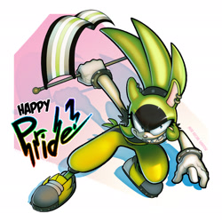 Size: 2048x2048 | Tagged: safe, artist:sonicpridecorner, surge the tenrec, 2026, agender, agender pride, agender surge, english text, holding something, looking at viewer, pride, pride flag, pride month, smile, solo, solo agender, text