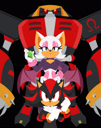 Size: 2048x2602 | Tagged: safe, artist:idwomega, e-123 omega, rouge the bat, shadow the hedgehog, sonic heroes, 2026, black background, front view, frown, gem, holding something, lidded eyes, looking at viewer, no outlines, robot, rouge's heroes bodysuit, simple background, smile, team dark, trio